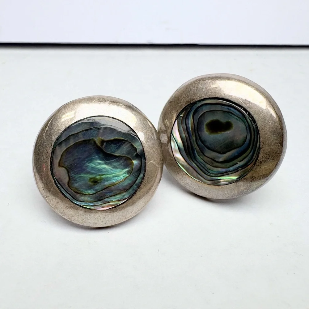 Vintage Mexican Taxco Round Abalone Inlay Iridescent Sterling Silver Cuff Links
